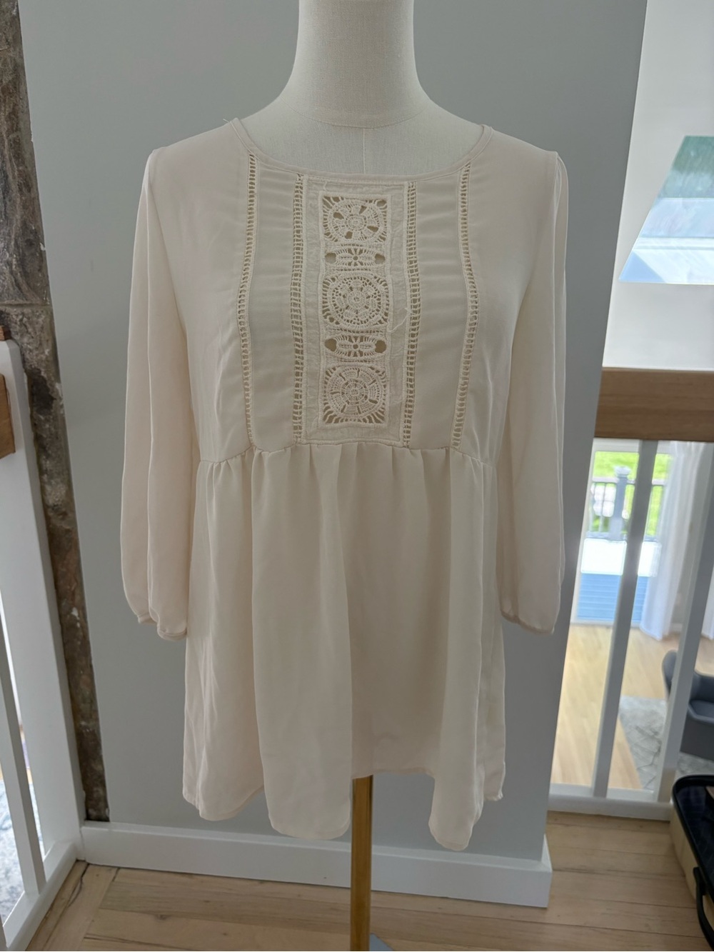Monteau Cream Crochet-Front Peasant Blouse